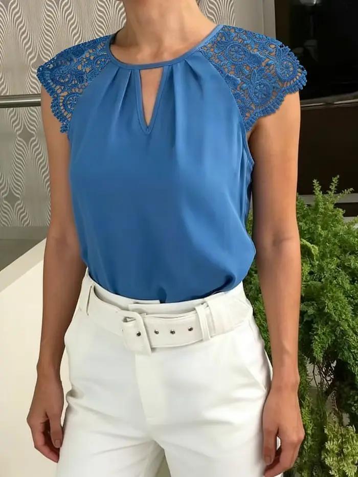 Débardeur Femme Printemps-Été Bleu Royal avec Dentelle et Encolure Goutte d'Eau