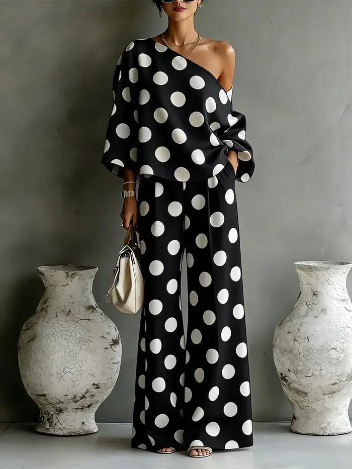 Ensemble 2 pièces à pois pour femme : Blouse asymétrique à épaules dénudées et pantalon large taille haute – Tenue décontractée et vibrante