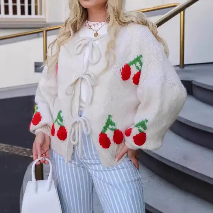 Veste Cardigan Cerise Tendance Printemps-Automne Femme Coupe Ample Style Streetwear Occasions Spéciales