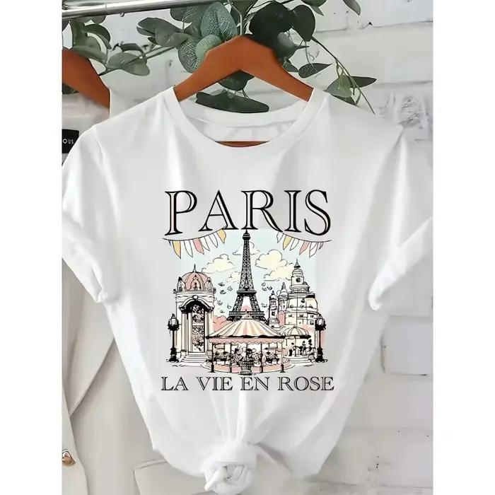T-shirt à manches courtes décontracté pour femme avec motif de croquis de la Tour Eiffel de Paris