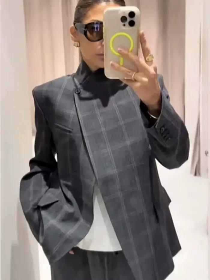 Blazer à carreaux printemps 2026 pour femme style tailleur élégant col montant polyester polyvalent occasions spéciales