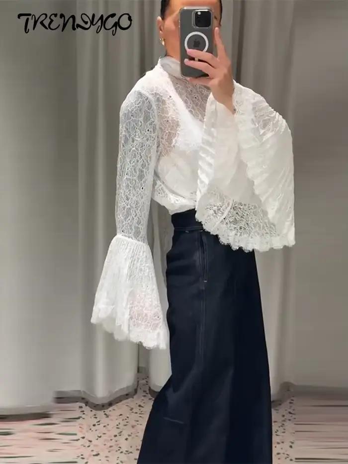 Chemises transparentes en dentelle à manches évasées pour femmes, sexy, ajouré, hauts solides, charmants vêtements de fête pour dames occasions spéciales
