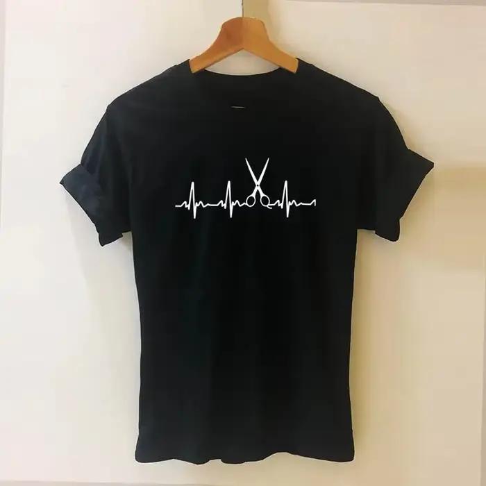 T-shirt de coiffeuse en polyester, motif ciseaux, décontracté pour femmes et filles, col rond, couleurs variées, ajustement confortable, usage quotidien et professionnel