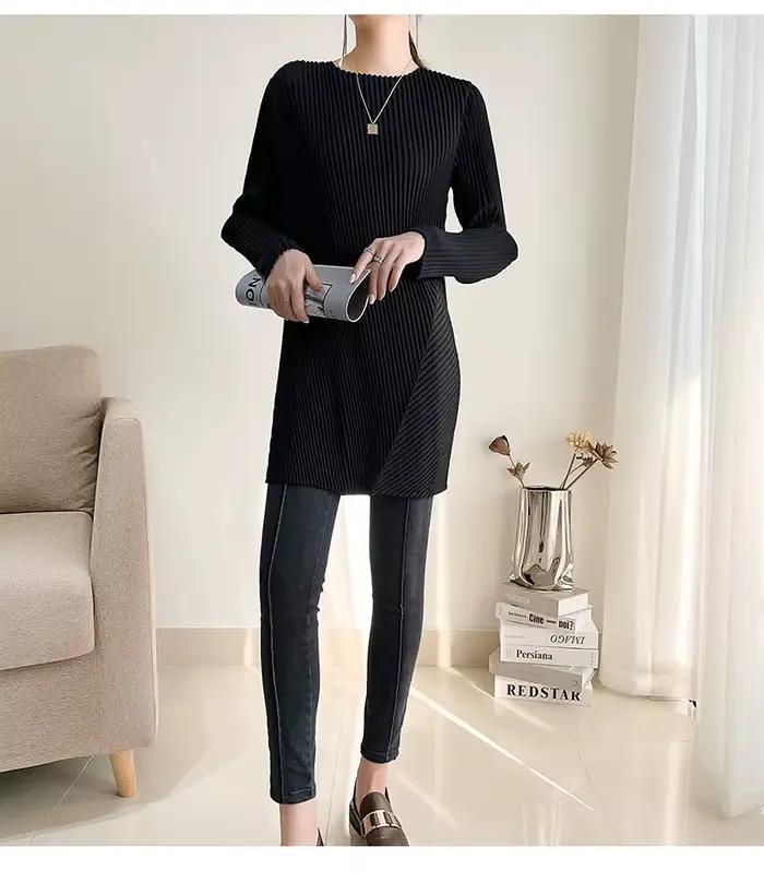 Haut plissé classique en polyester pour femmes, mi-long, noir, adapté aux hanches, printemps automne, occassions spéciales
