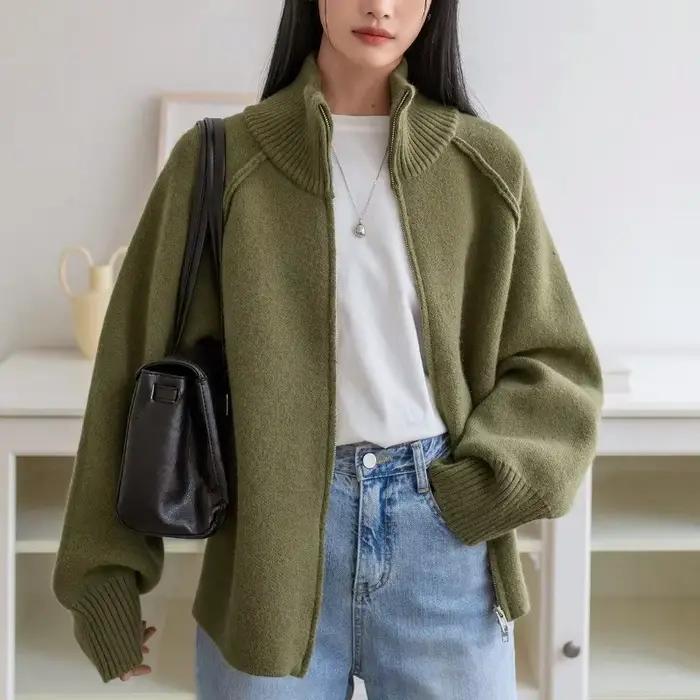 Pull manteau femmes automne hiver nouveau Style coréen couleur unie col montant fermeture éclair tricoté Cardigan haut