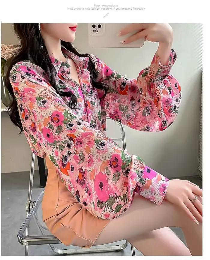 Chemise en mousseline de soie rose pour femme
