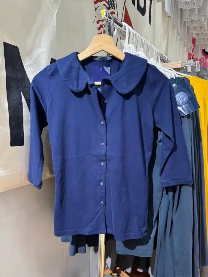 Bleu marine bouton BabyDoll hauts femmes coton décontracté col rabattu demi manches T-shirts femme Y2K doux mignon