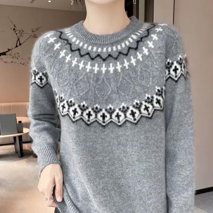 Pull en laine mérinos de luxe pour femmes, col rond, broderie élégante, coupe moderne et décontractée pour automne et hiver
