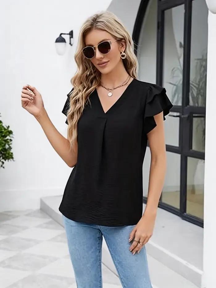 Chemise décontractée en polyester froissé avec col en V et manches à volants pour femmes occasions estivales et décontractées