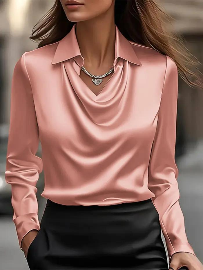 Chemise élégante en satin à col en V - Haut élégant à manches longues pour femme