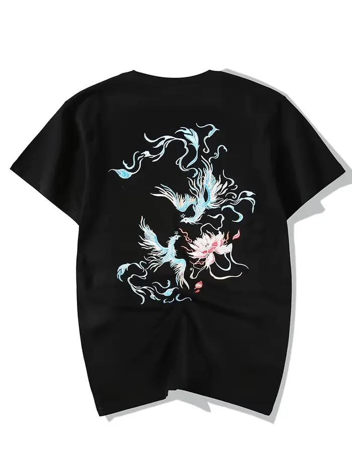 T-shirt homme en coton ample avec broderie phénix pour hommes jeunes et hipsters style chinois et streetwear pour occasions estivales et quotidiennes
