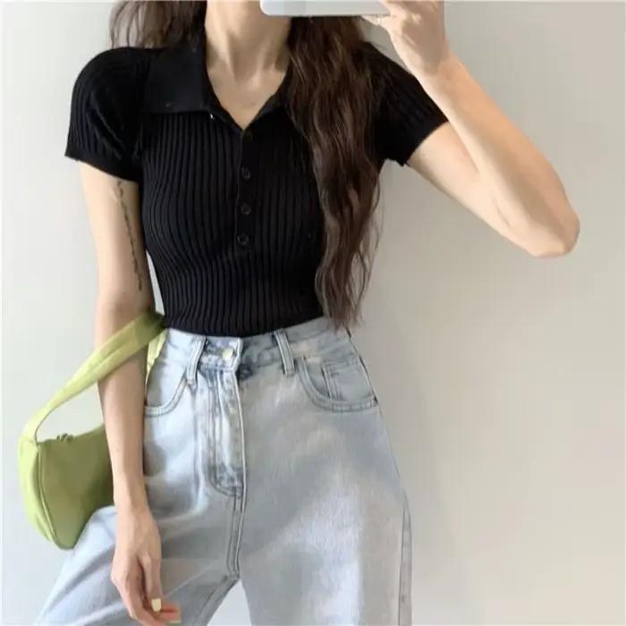 Nouveau T-shirt Polo Femme en Maille Côtelée – Hauts Sexy d'Été Basiques Ajustés Décontractés à Manches Courtes – Gilet