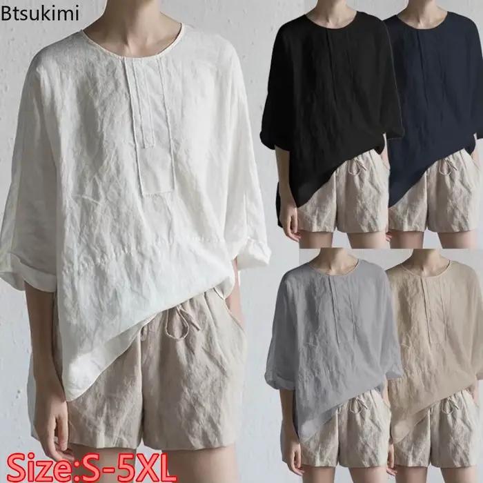 Été nouveau coton lin lâche T-shirts décontractés pour les femmes Simple col rond solide hauts pullover