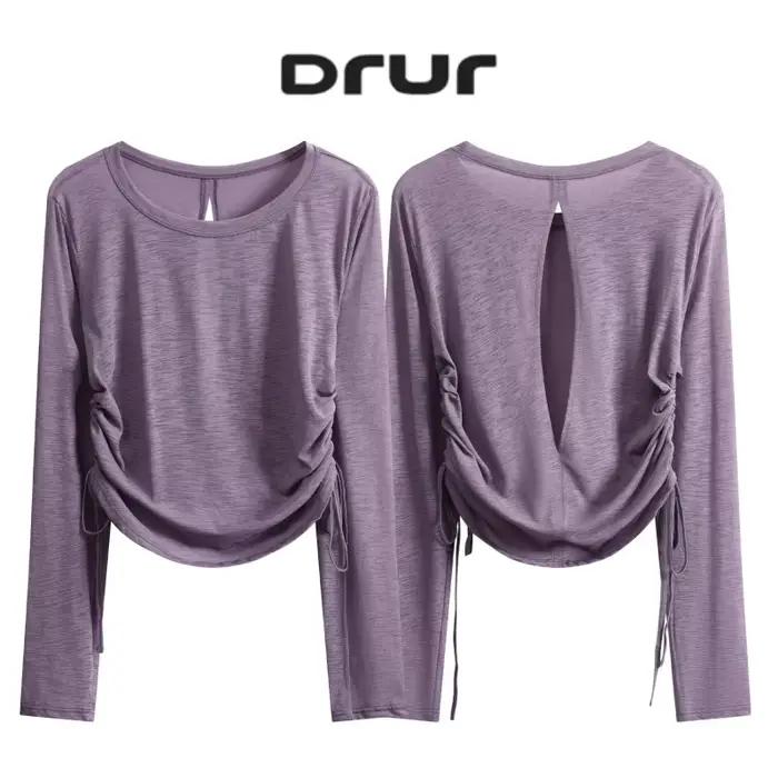 DRUR élégant mince dessus de Yoga pour les femmes avec dos ouvert froncé côté danse Ballet chemise décontracté à manches longues haut pour les voyages de rue