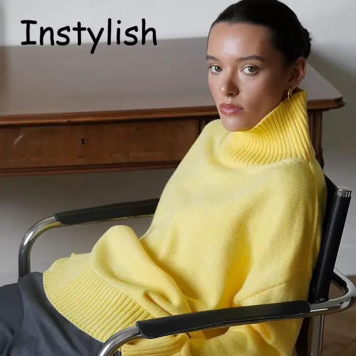Pull vintage Instylish surdimensionné col roulé pull automne hiver épais et chaud pour femmes occasions spéciales tricoté en nylon polyester viscose avec pompon et coupe ample