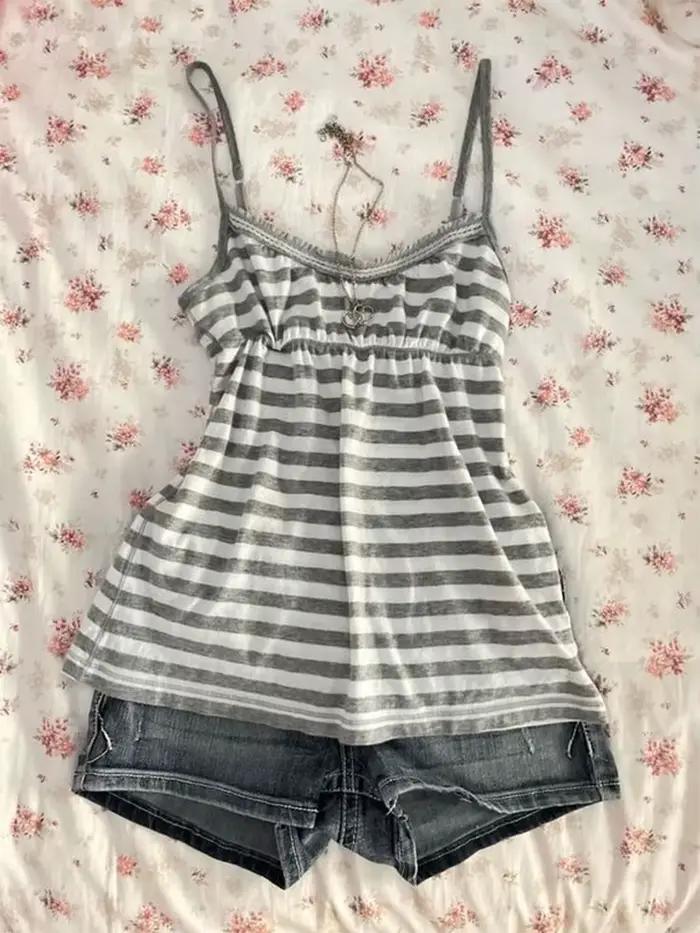 Bretelles pour femmes motif à rayures décontracté Y2K rétro Harajuku mode nouvelle rue punk doux hip hop mignon hottie bébé crop hauts emo