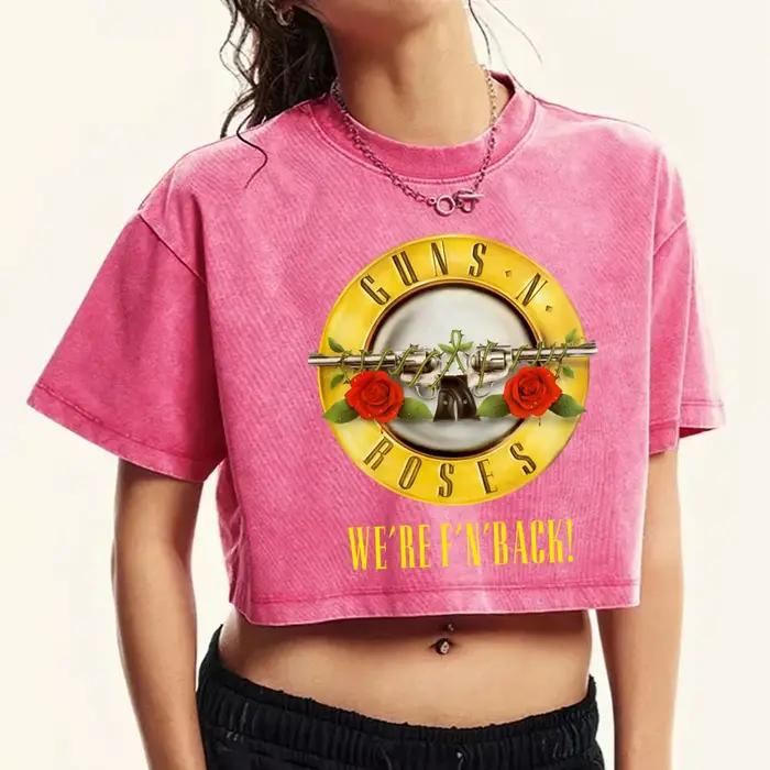 T-shirt Rose et Pistoles en coton pur pour femmes, style streetwear, courte longueur, imprimé délavé, coupe ample, pour occasions spéciales