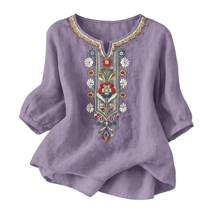 Chemise en polyester WHooHoo pour femmes avec broderie rétro, coupe ample et manches 3/4 pour des tenues estivales élégantes et décontractées