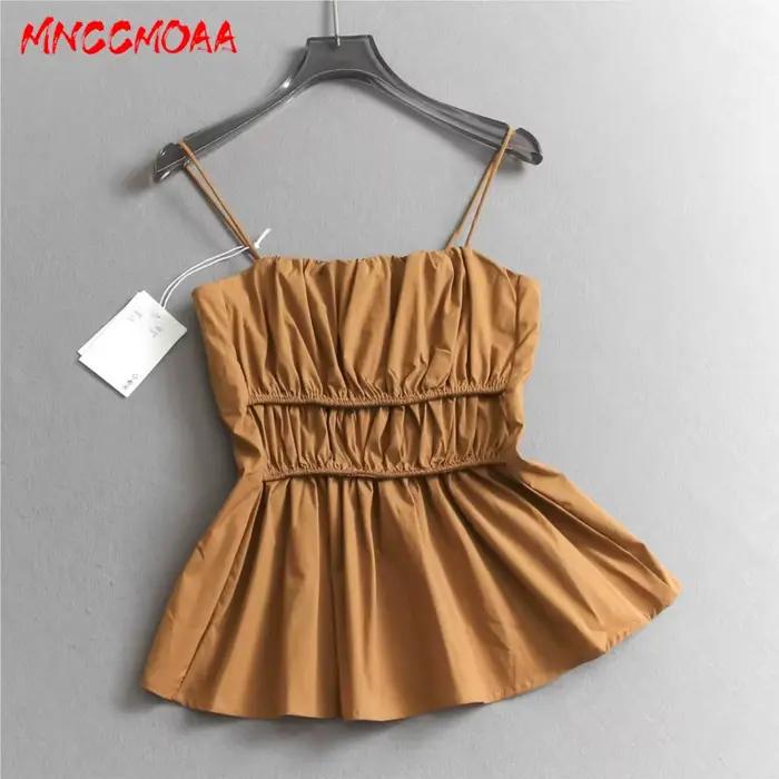 Haut de pyjama marron froncé pour femme – Blouse décontractée sans manches en coton pour l'été