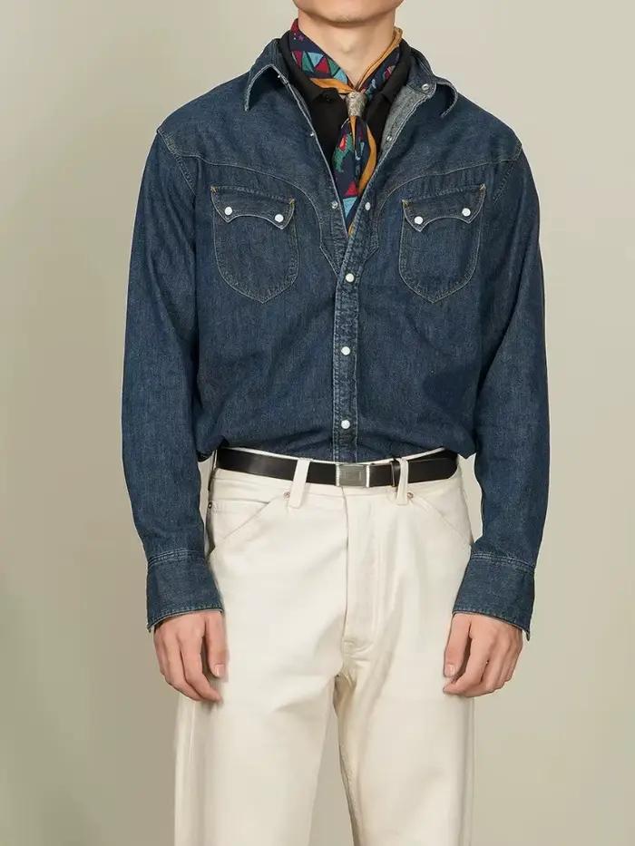 Chemise Occidentale Américaine Vintage Pearl Snap En Denim Brut Délavé Doux 100% Coton Pour Hommes Avec Poche Décorative Pour Le Printemps Et Les Soirées Spéciales