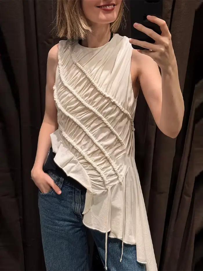 Haut plissé asymétrique à cordon de serrage pour femme