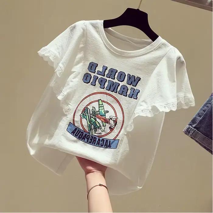 T-shirt ample et décontracté pour femme avec motif dessin animé et volants pour l'été