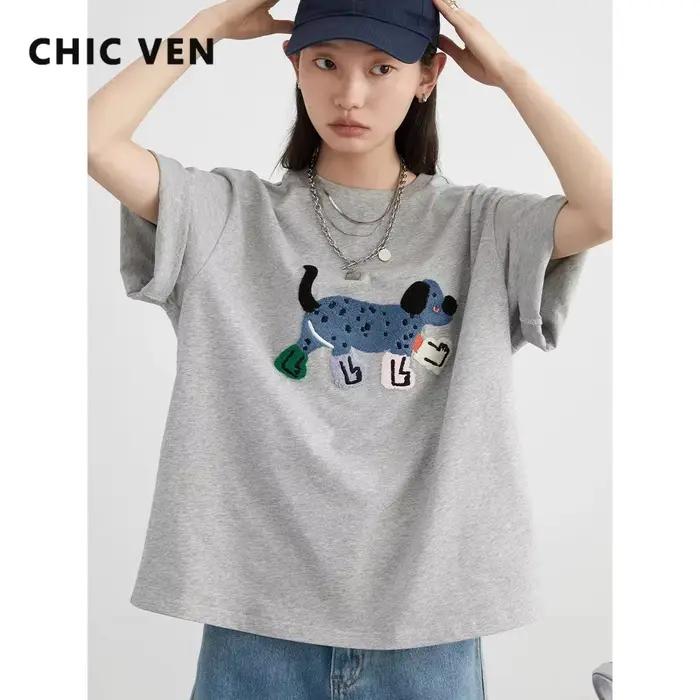 CHIC VEN femmes T-Shirts ample Streetwear unisexe amusant chien brodé à manches courtes coton fille