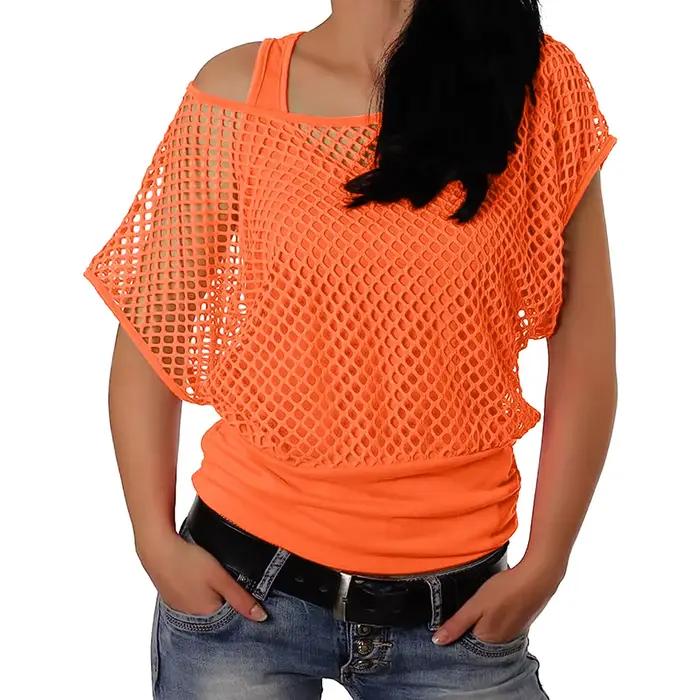 Femmes années 80 Disco néon résille t-shirts hauts à manches courtes évider maille haut court Sexy Punk Camisole couverture Rave fête Clubwear