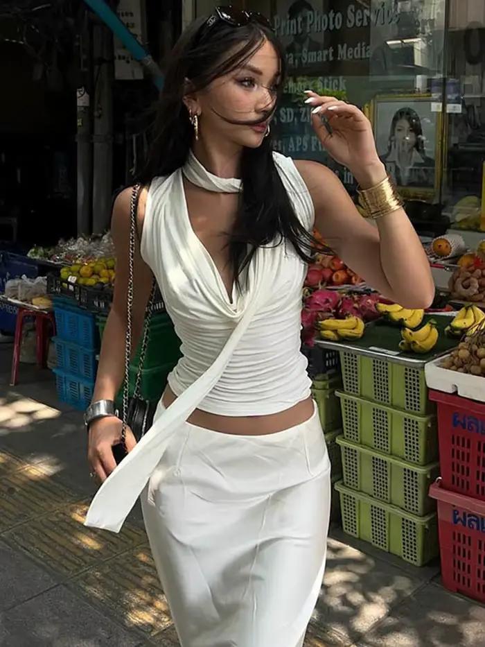 Haut bandage Reachshore pour femme, streetwear élégant, drap fin polyester, élasthanne, rubans, décontracté, occassions spéciales été