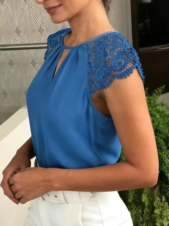 Débardeur Femme Printemps-Été Bleu Royal avec Dentelle et Encolure Goutte d'Eau