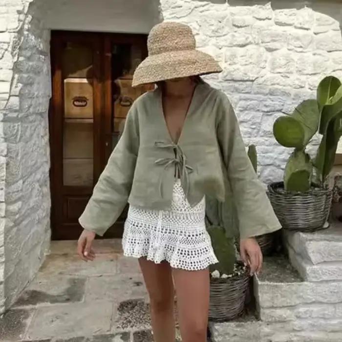 Chemisier en polyester vert à lacets chemise à manches longues col en V mode chic décontracté printemps été hauts femme haute rue occassions spéciales