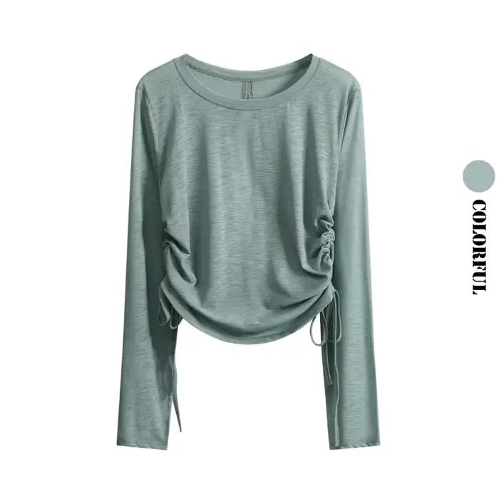 DRUR élégant mince dessus de Yoga pour les femmes avec dos ouvert froncé côté danse Ballet chemise décontracté à manches longues haut pour les voyages de rue