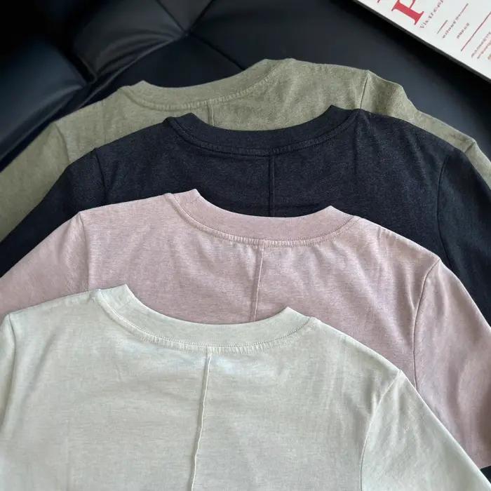 Haut décontracté à manches courtes et col rond pour femme en tissu pur coton biologique tissé uni