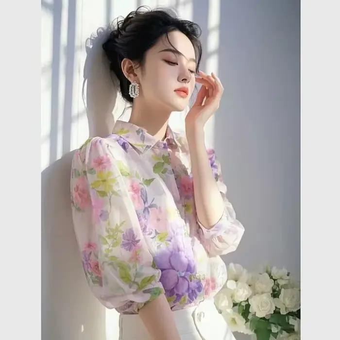 Élégant style français beau chemisier en mousseline de soie florale violette pour femmes
