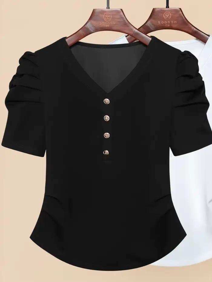 T-Shirt de Luxe à Col en V et Manches Bouffantes pour Femme