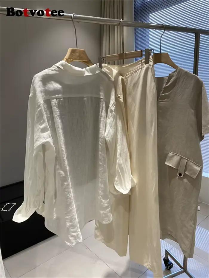 Botvotee Chemise en lin blanc pour femme