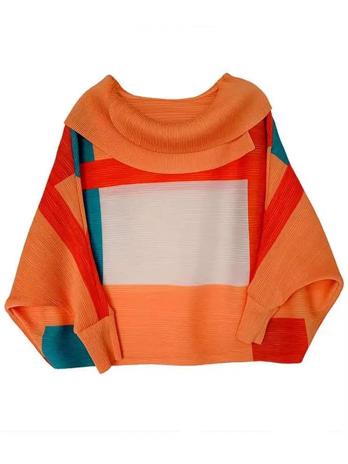 LANMREM 2025 mode nouveau T-shirt plissé pour les femmes Laple manches longues hauts amples bloc de couleur femme vêtements printemps 2YA771