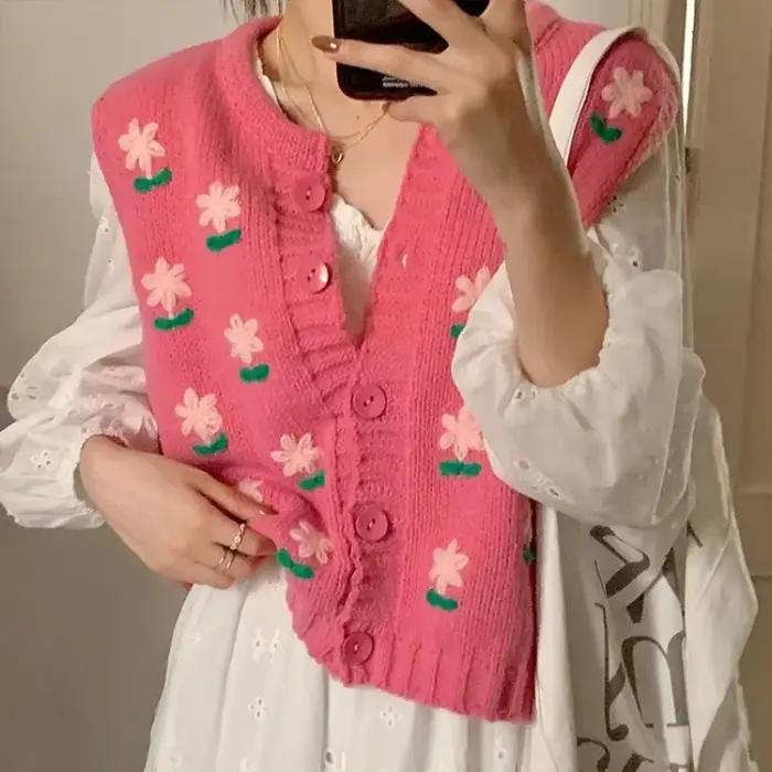 Pull en coton polyester acétate rose avec motifs floraux col en V pour femme automne hiver doux et ample