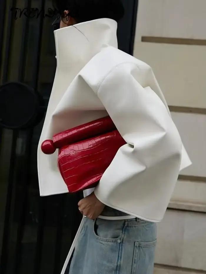 Veste courte oversize en similicuir à col roulé pour femme, vêtement d'extérieur chic, coupe ample, streetwear tendance, soirée élégante, polyester doux, style high street