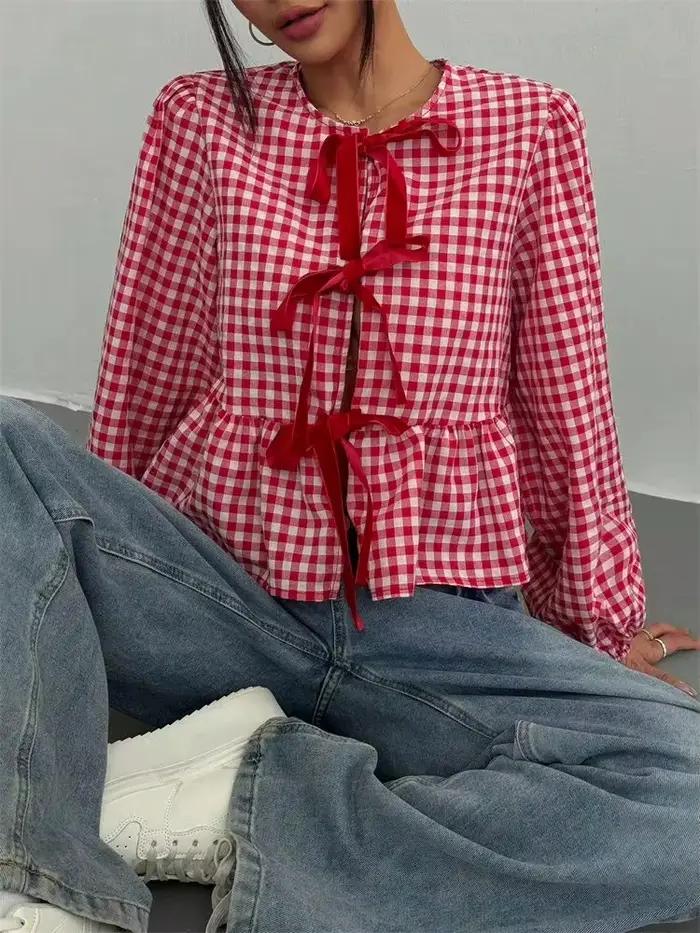 Chemisier lanterne à carreaux polyester et élasthanne pour filles junior style doux col rond printemps automne mousseline ajustement lâche