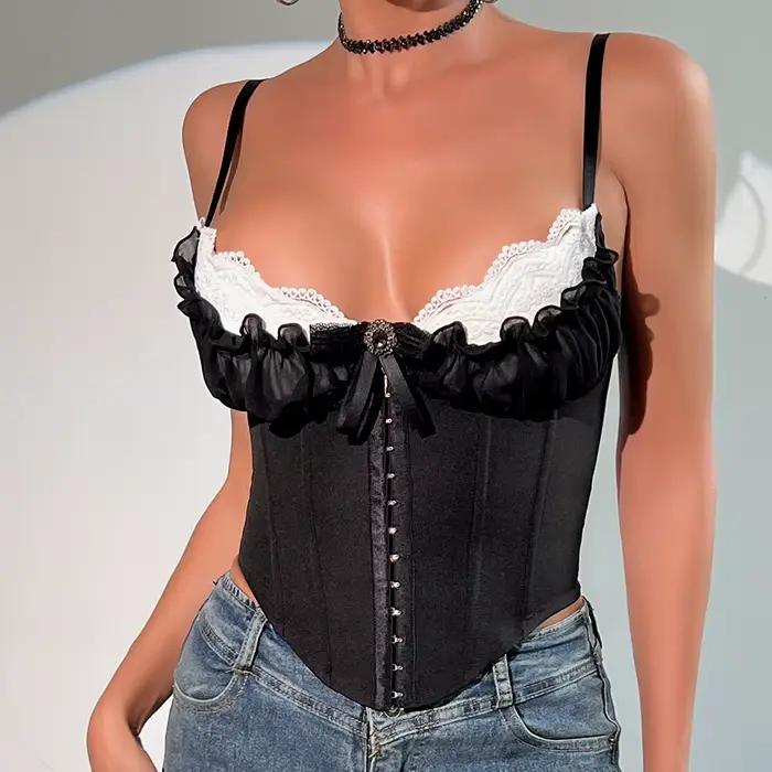 SSexy col en V Y2K haut court dentelle Patchwork plissé nœud papillon