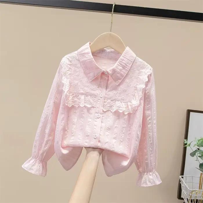 Chemisier en dentelle de polyester pour filles, chemise blanche avec manches longues pour enfants, style mode, couleurs variées, pour occasions spéciales et quotidienne ```