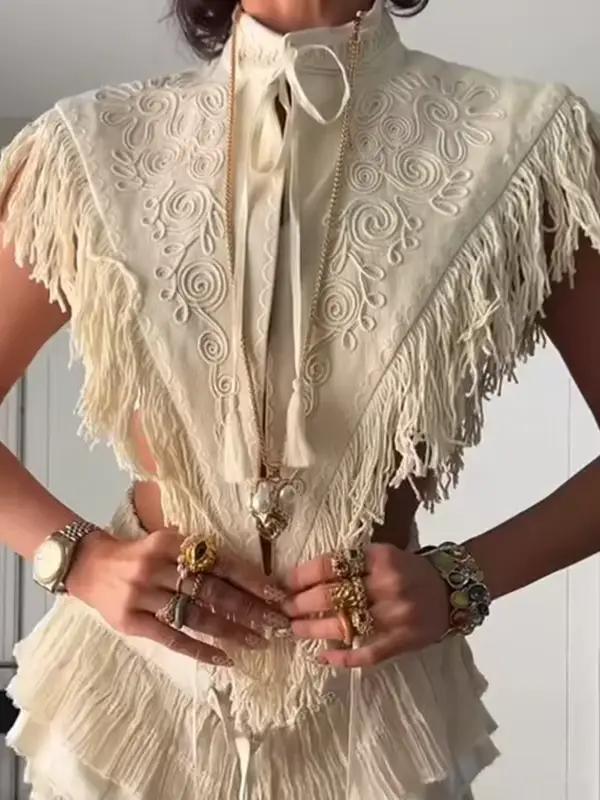 Gilet brodé à franges pour femme