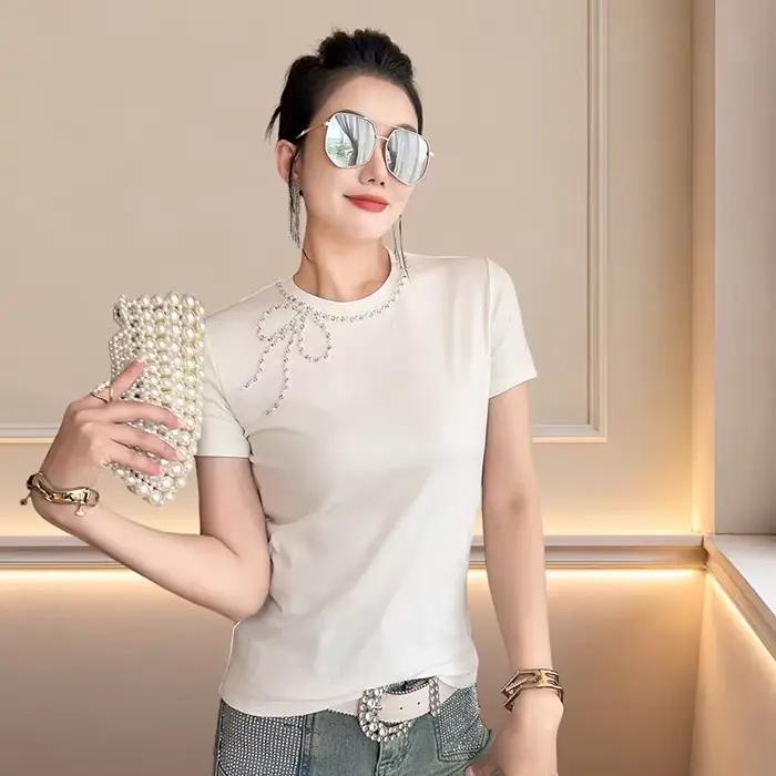 Nouveau T-shirt d'été chic en coton fait main avec perles pour femme