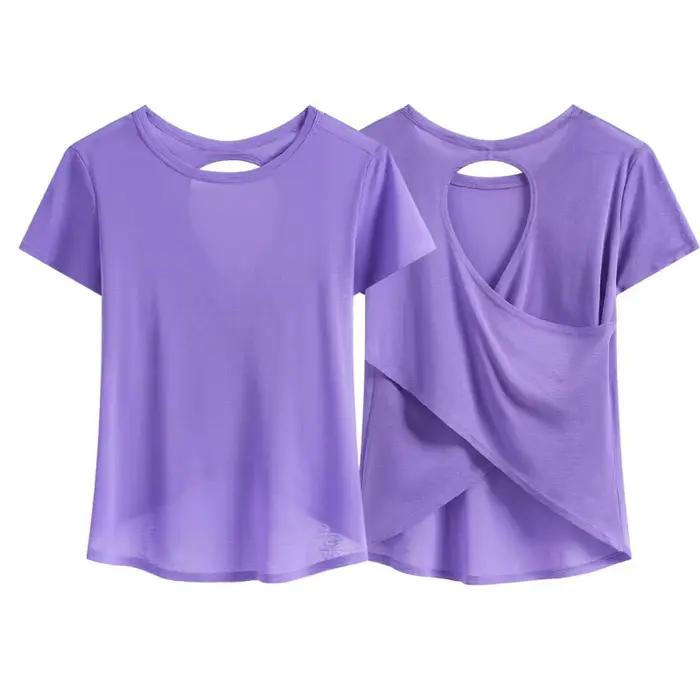 DRUR femmes dessus de Yoga léger séchage rapide été à manches courtes Sport chemise dos croisé évider course t-shirt Fitness Yogawear