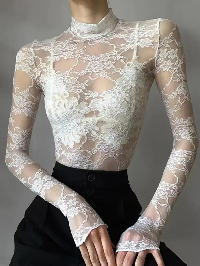 Haut court en dentelle transparente pour femmes