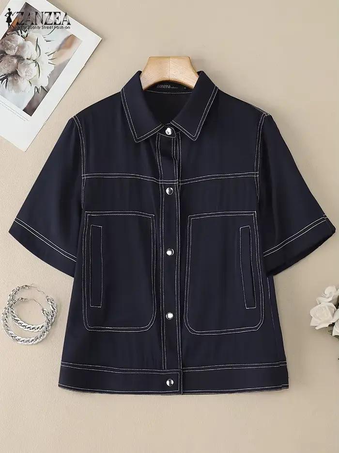 ZANZEA femmes Denim-like contraste-point chemises mode col rabattu manches courtes boutonné chemise femme hauts Streetwear 3XL