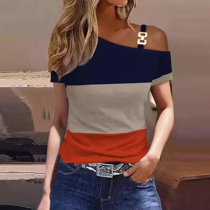 Haut asymétrique à une épaule pour femme avec détail chaîne métallique et imprimé abstrait pour les soirées d'été
