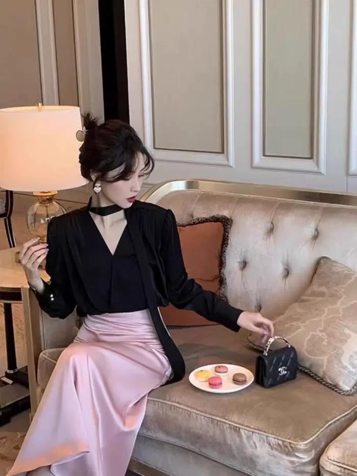 Chemisier élégant pour femme mode coréenne blanche manches longues col en V occasionnels professionnelles
