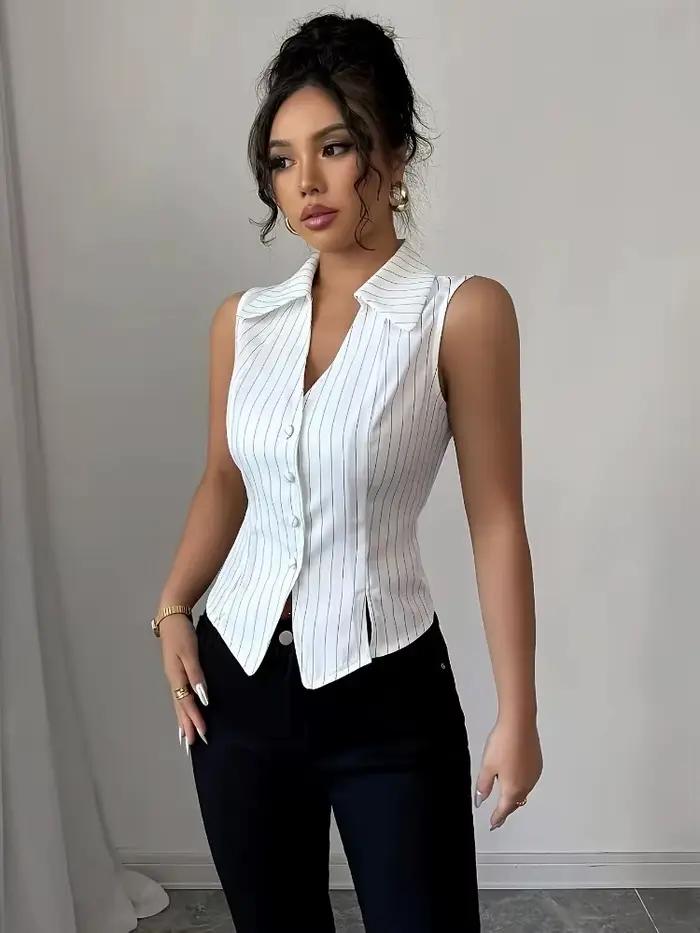 Blouse Femme Rayures Verticales Col V Sans Manches Ajustée Boutonnée Ourlet Fendu Sexy Bureau Quotidien Printemps Été Blanc Gris